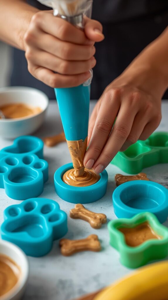 Process shot showing someone's hands using a piping bag or spoon to fill fun-shaped silicone molds (bones, paws, hearts) with the peanut butter banana mixture.