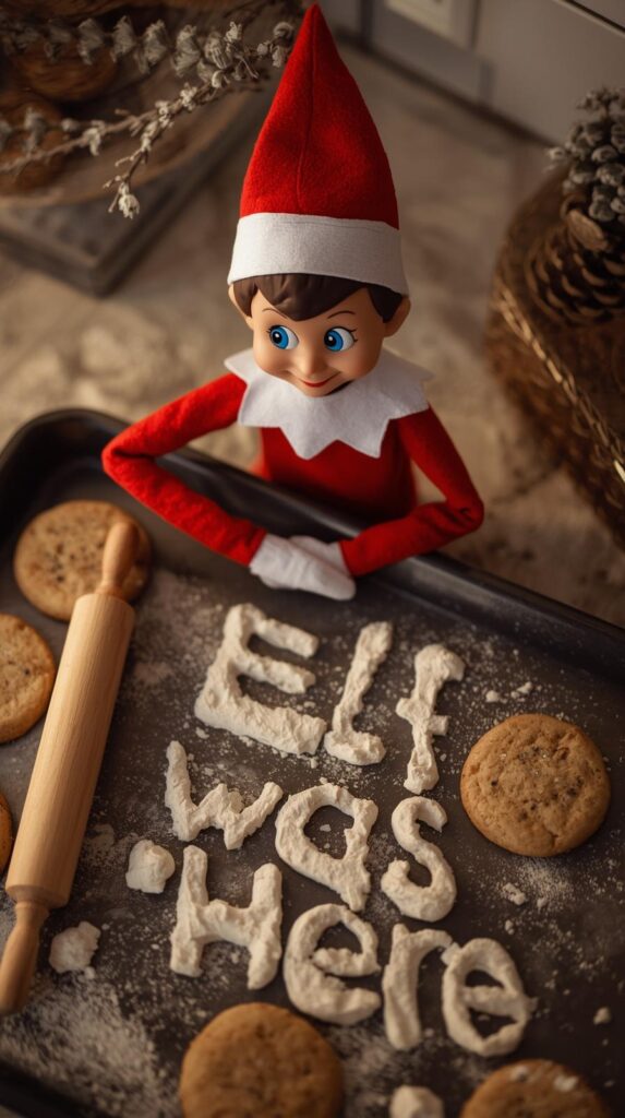 Show an Elf on the Shelf posing with Christmas cookies on a baking tray beside a rolling pin and spilled