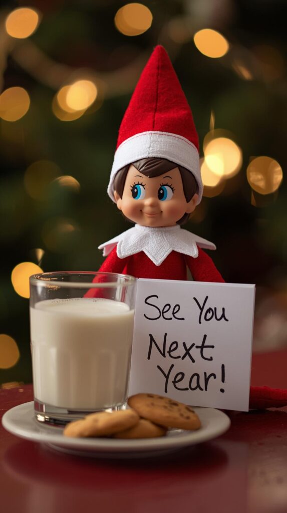 Show an Elf on the Shelf sitting beside a small note that says “See You Next Year!” with milk