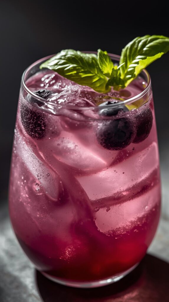 Soft purple mocktail with basil leaf garnish and blueberry swirl