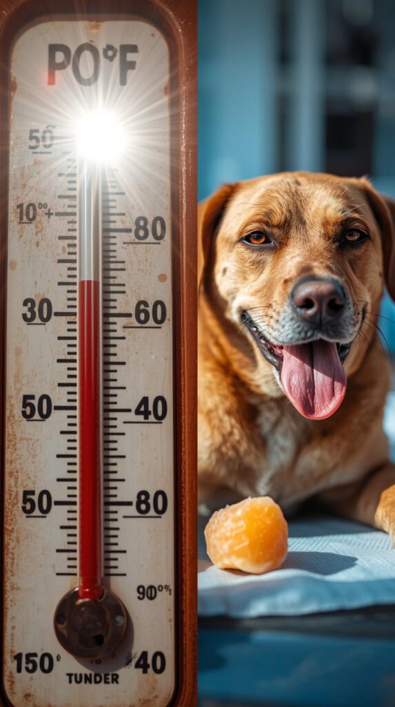 Split-screen or diptych image: Left side shows a thermometer displaying high temperature (90°F+) with a miserable-looking hot dog panting heavily on a hot day. Right side shows the same dog looking refreshed and happy with a frozen treat, maybe lying comfortably. 
