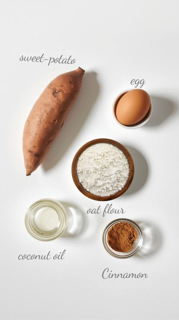 Clean, minimalist overhead shot of five ingredients perfectly arranged on a white background: one whole sweet potato, a small bowl of oat flour, one egg, a jar of coconut oil, and a tiny dish of cinnamon. 