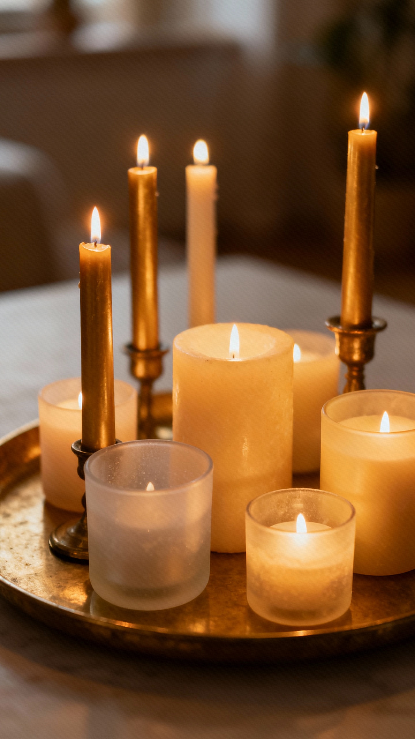 Candle tray with mixed tapers pillars frosted votives