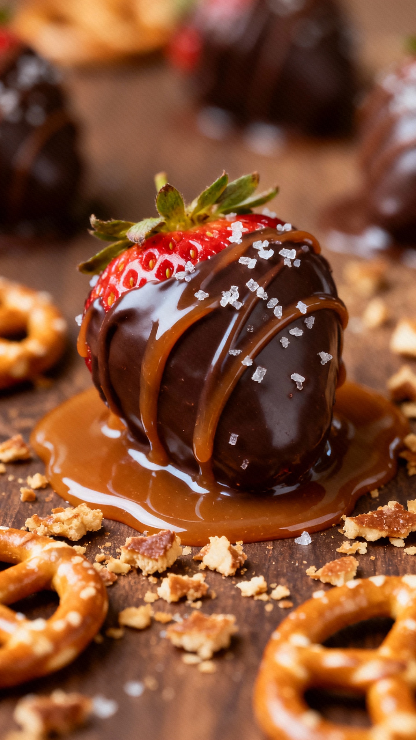Closeup dark chocolate strawberry with salted caramel drizzle, crushed pretzels