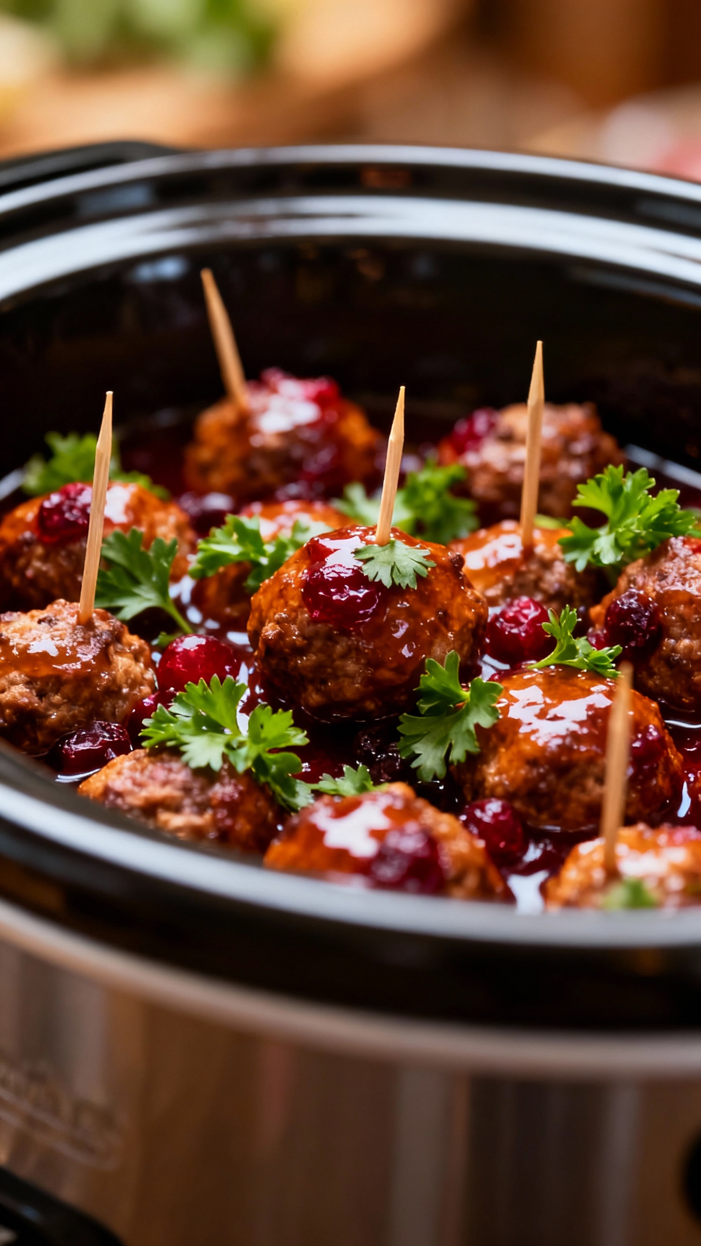 Closeup glossy cranberry meatballs in crockpot, parsley garnish, toothpicks