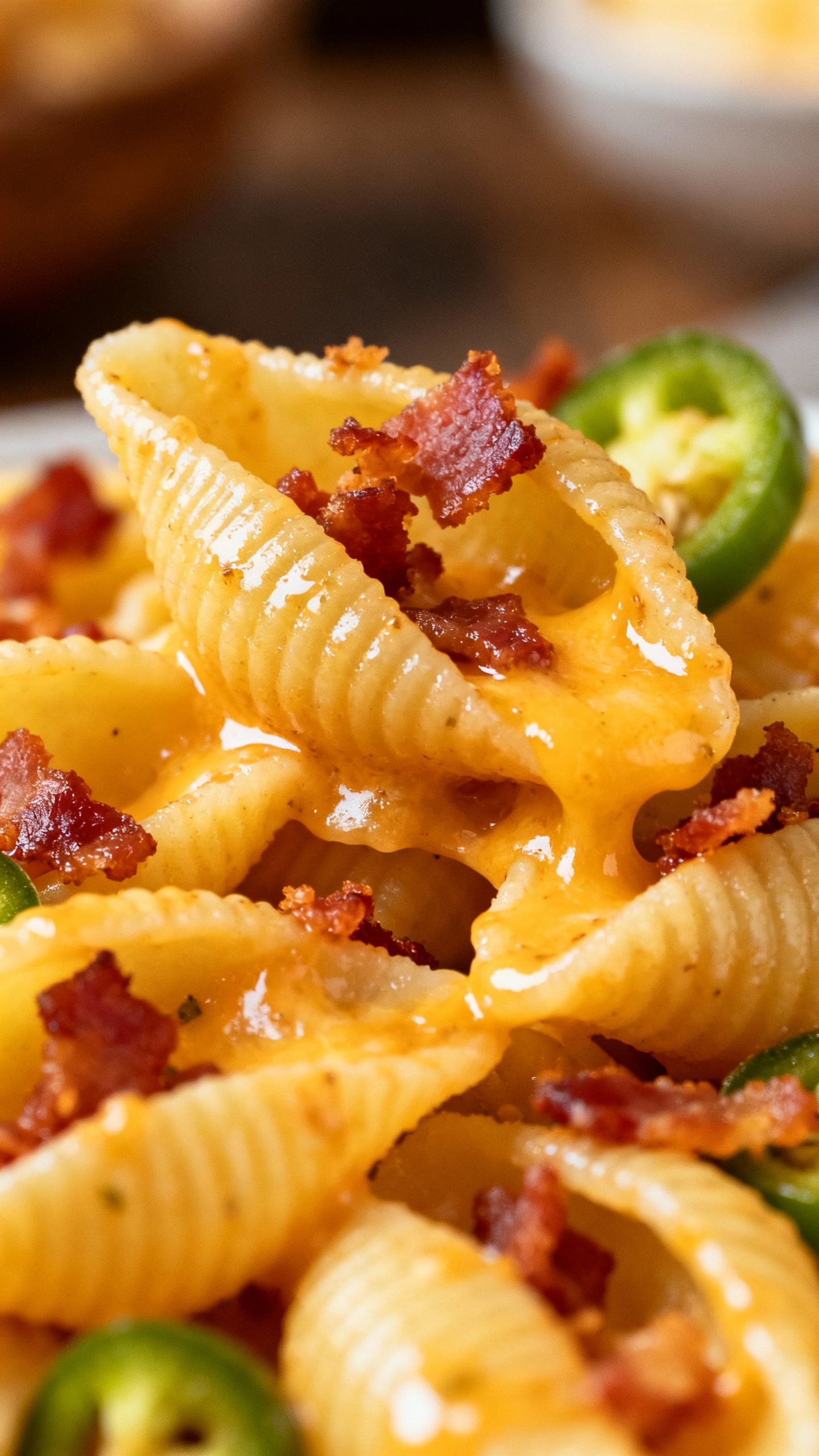 Closeup jalapeño popper mac shells with bacon crumbles, glossy sauce