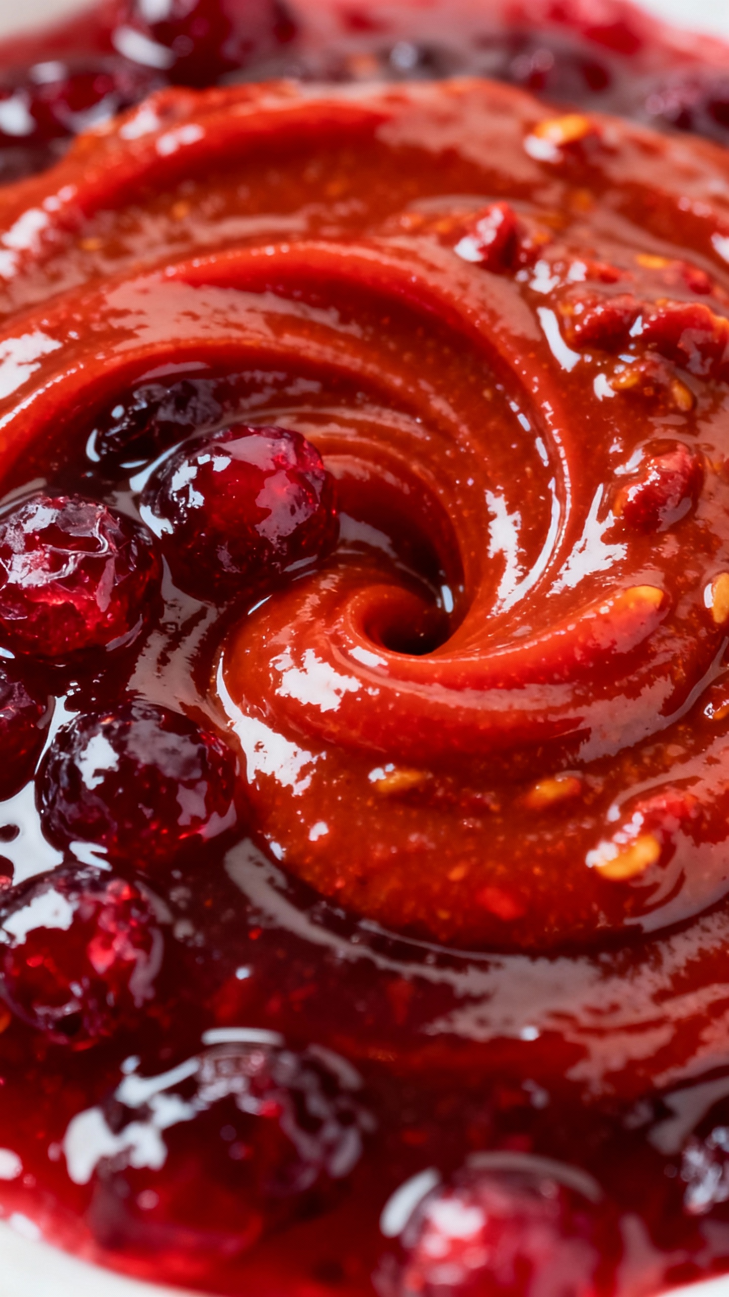 Closeup jellied cranberry sauce and Heinz-style chili sauce swirling, thick sticky texture