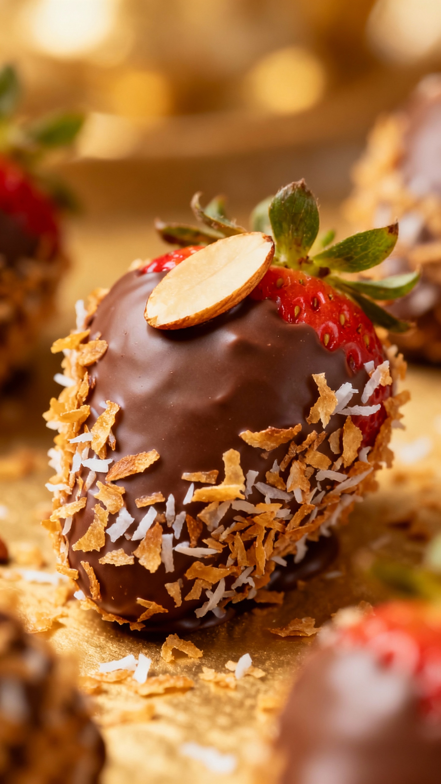 Closeup milk chocolate strawberry rolled in toasted coconut, sliced almond on top
