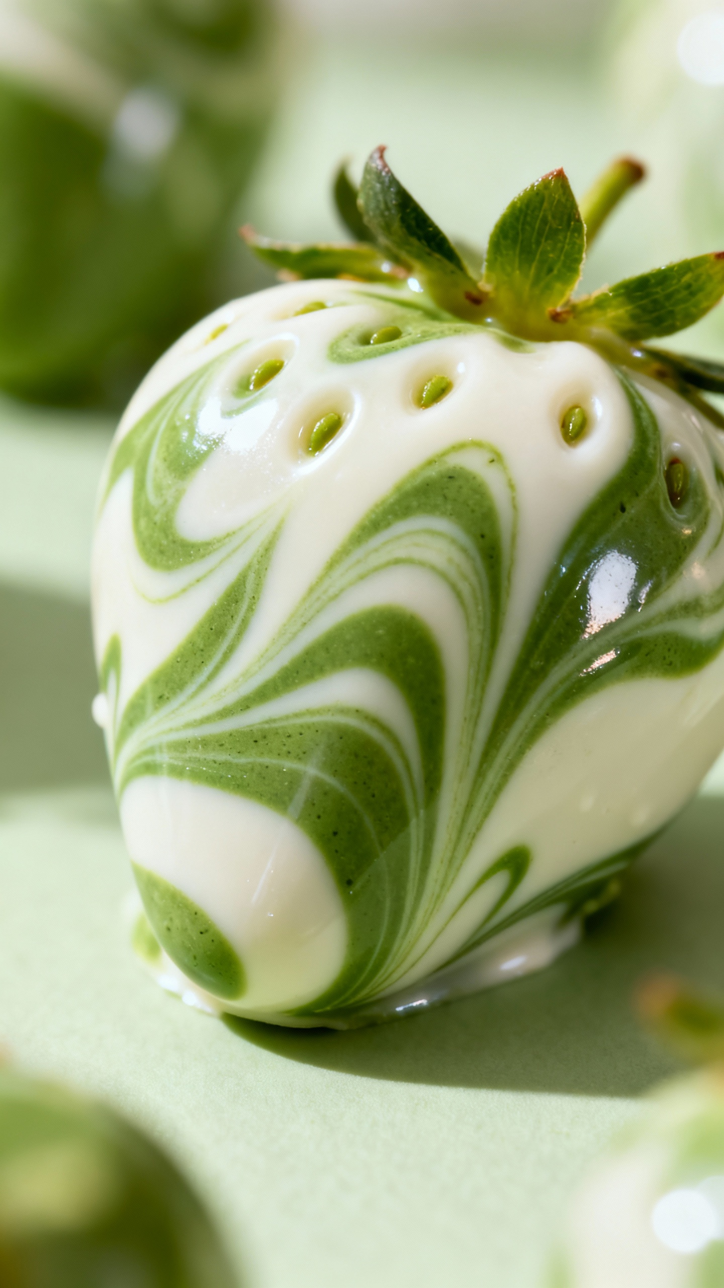 Closeup white chocolate matcha marble strawberry, jade swirls, glossy finish