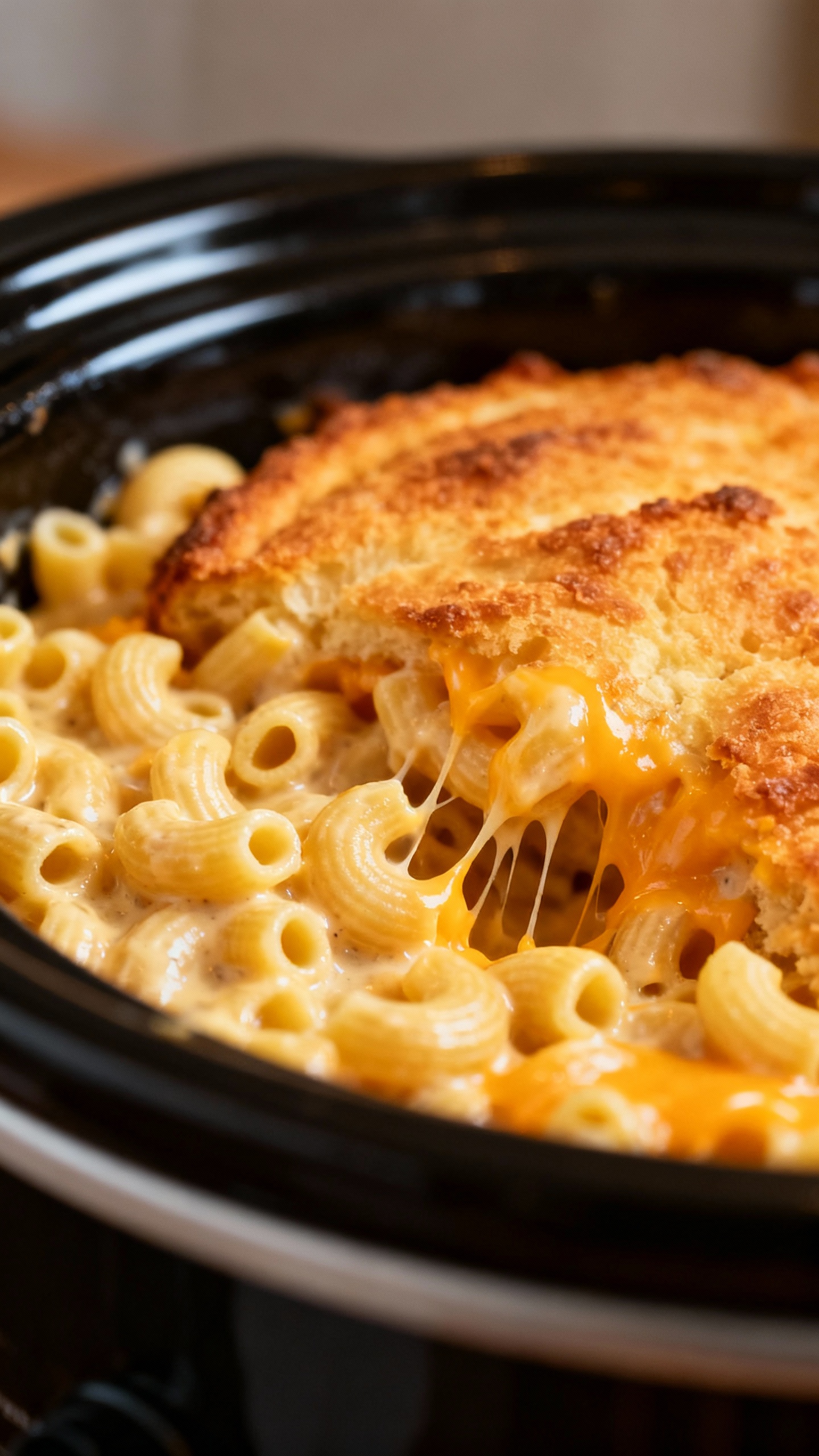Extreme closeup creamy elbow mac with cheddar stretch, crockpot interior