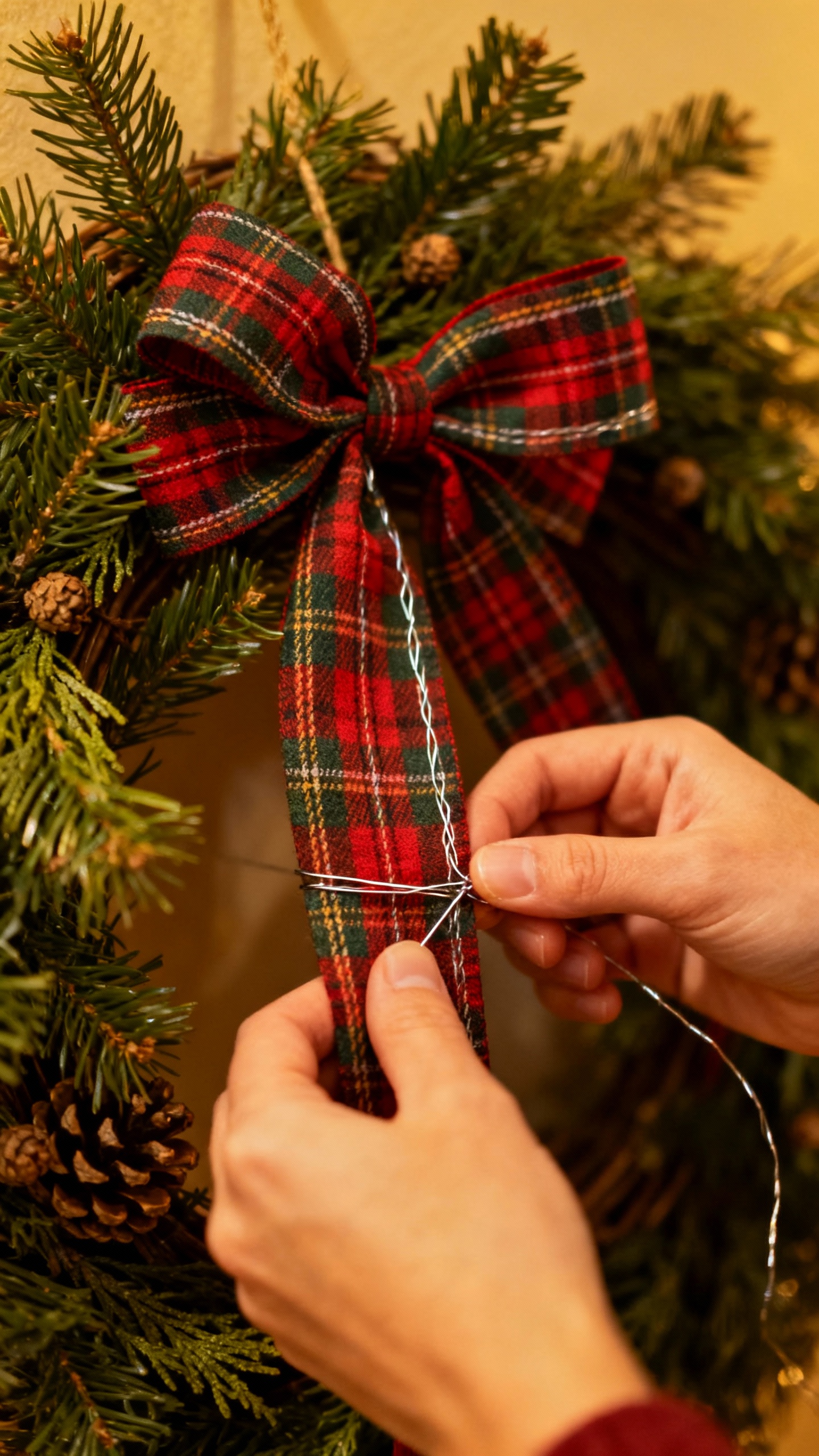 Hands tying wired plaid ribbon bow on evergreen wreath