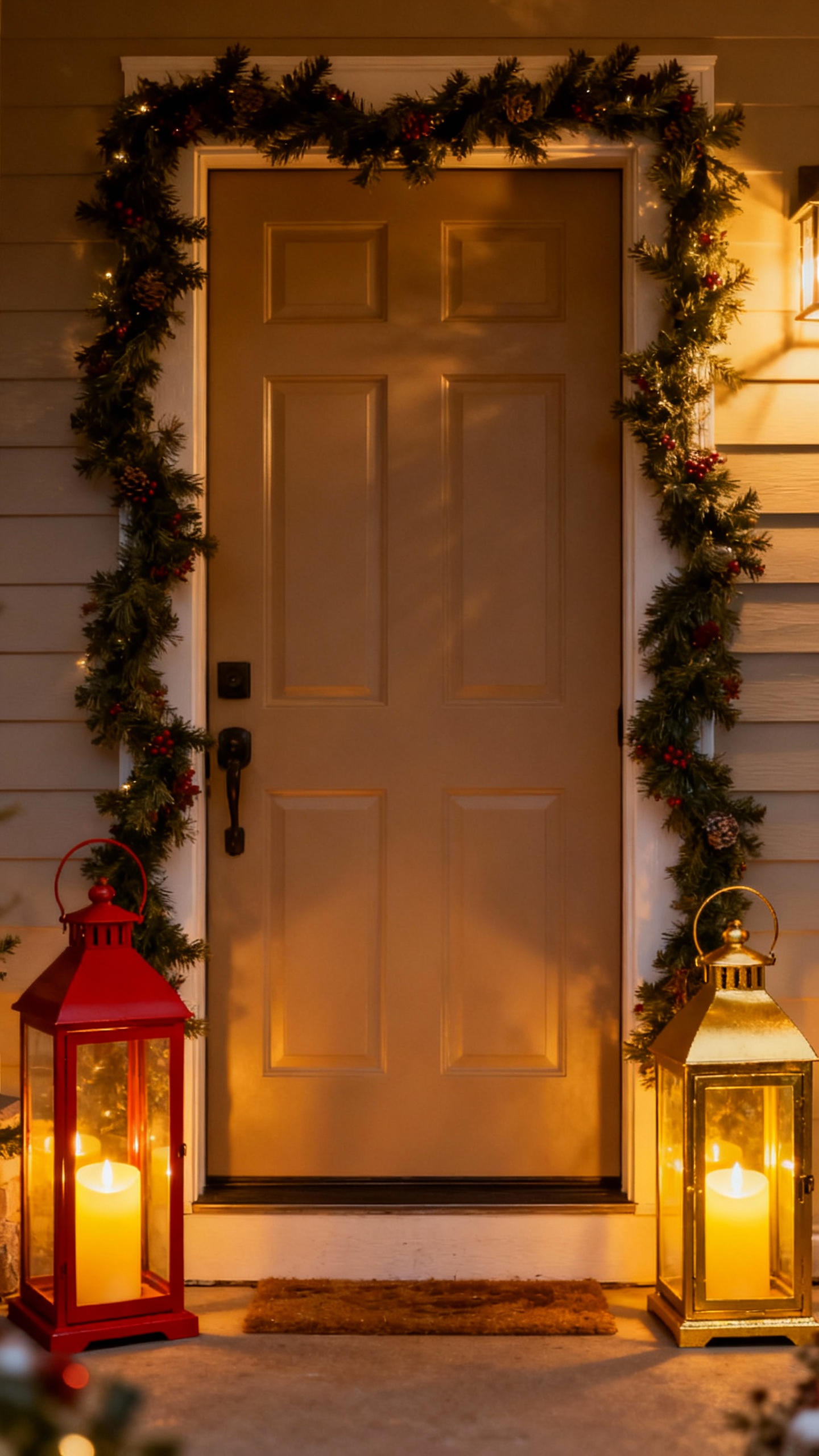 Lanterns with LED candles flanking garland-draped front door