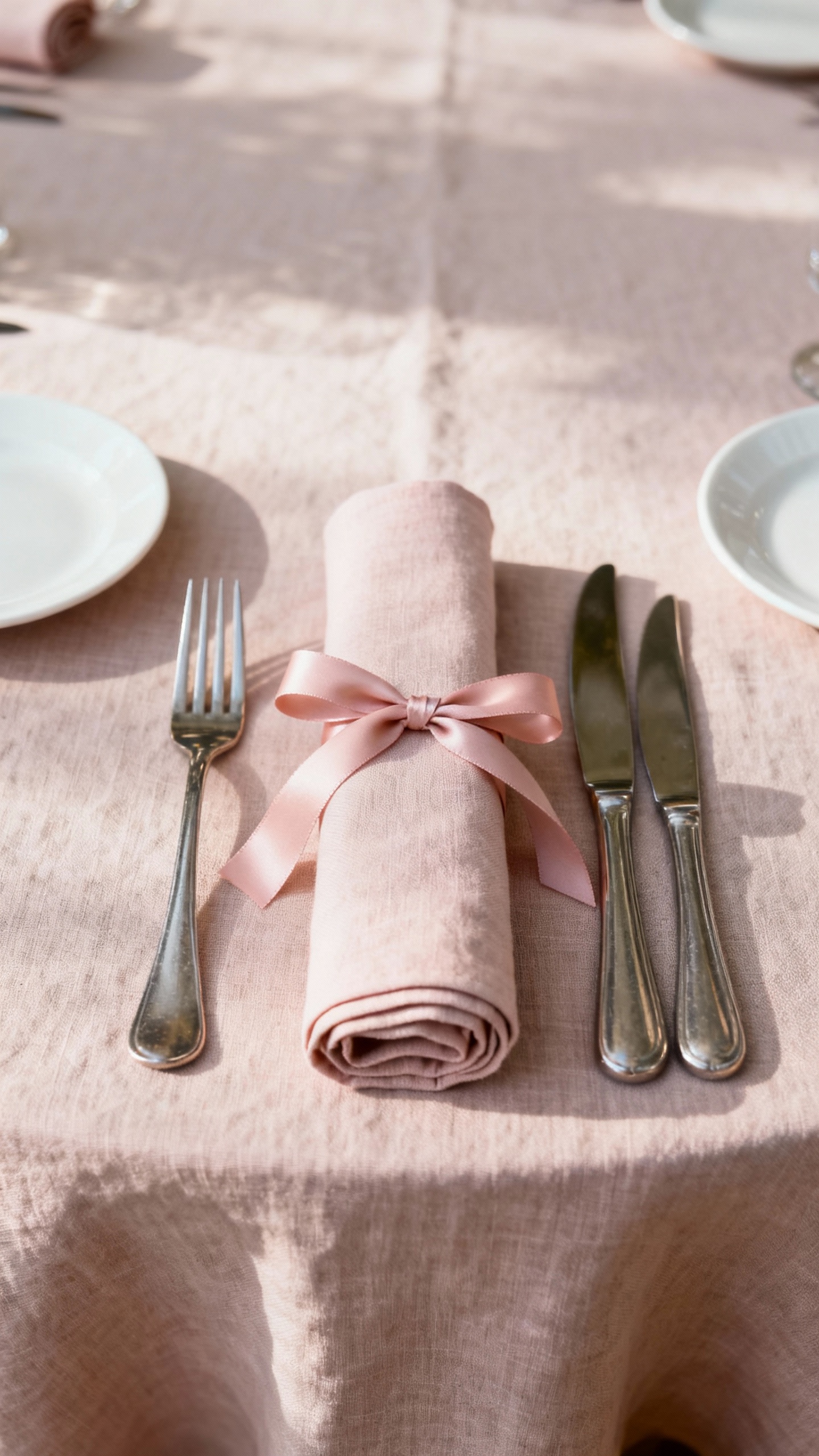 Linen table setting with blush ribbon-wrapped napkin