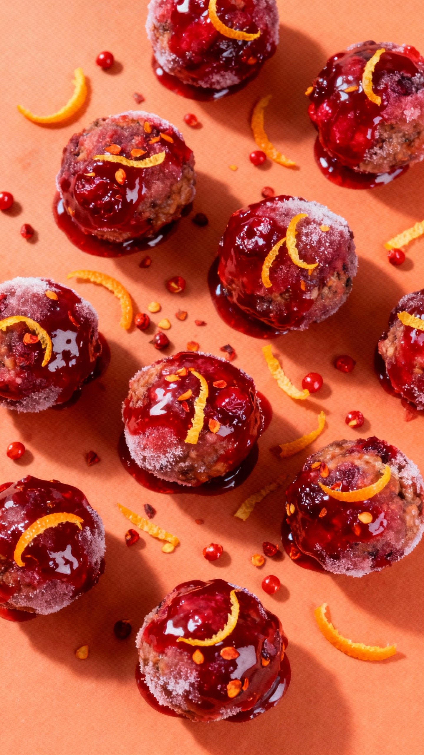 Overhead shot frozen meatballs coated in cranberry-chili sauce, orange zest, red pepper flakes