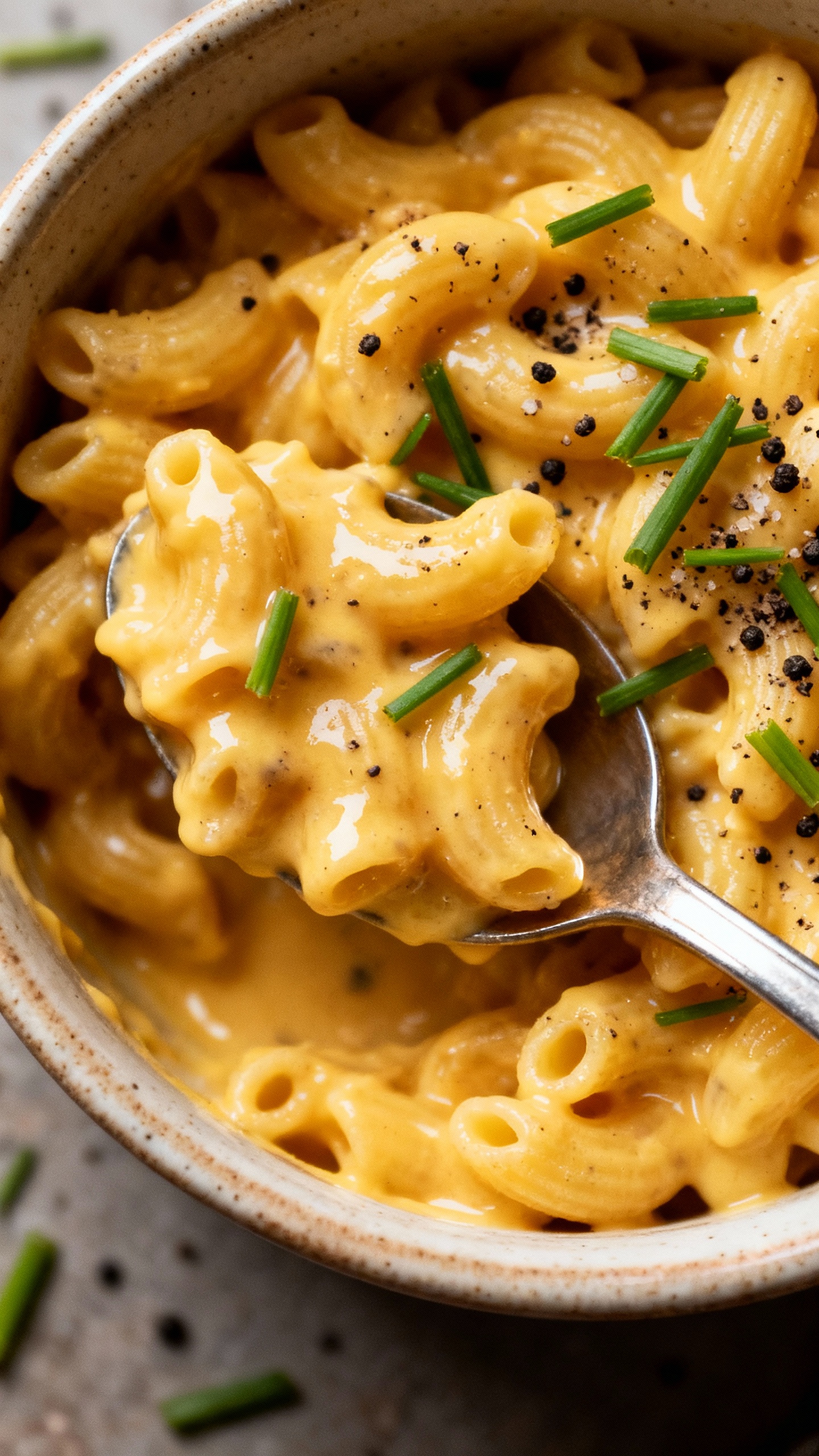 Overhead truffle gouda mac in bowl, chives, cracked pepper, spoon scooping