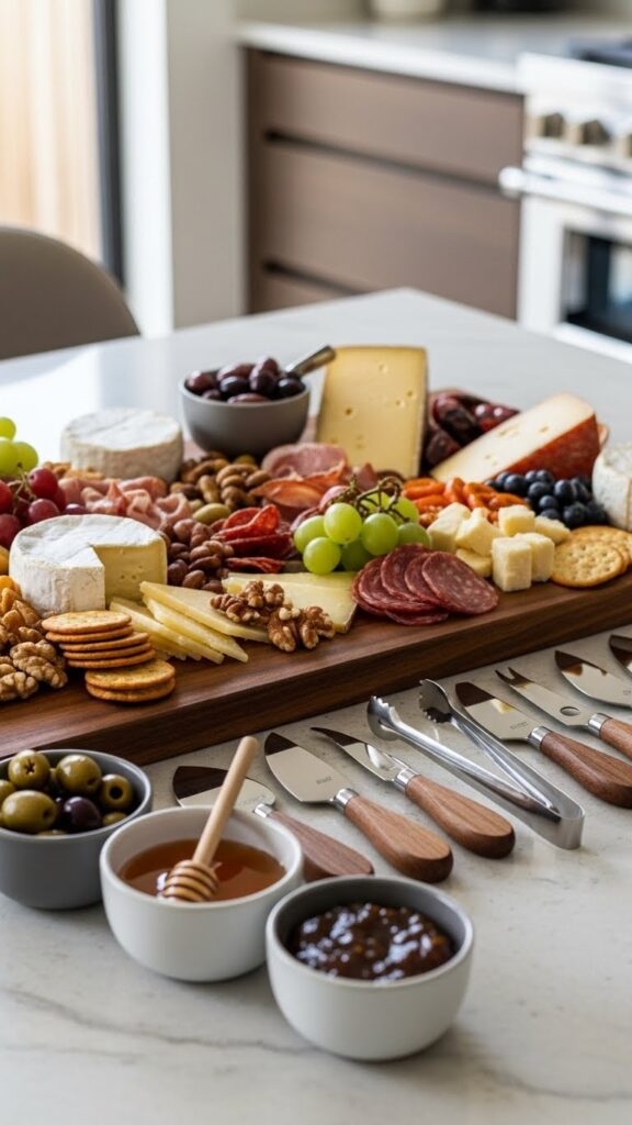 Charcuterie board with cheese knives and serving tools for a large group