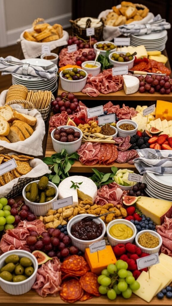 Charcuterie table setup for a party with multiple boards and serving bowls