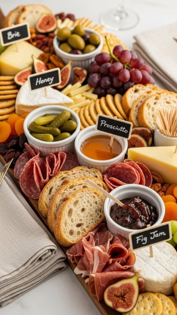 Charcuterie board accessories including small bowls, toothpicks, and napkins
